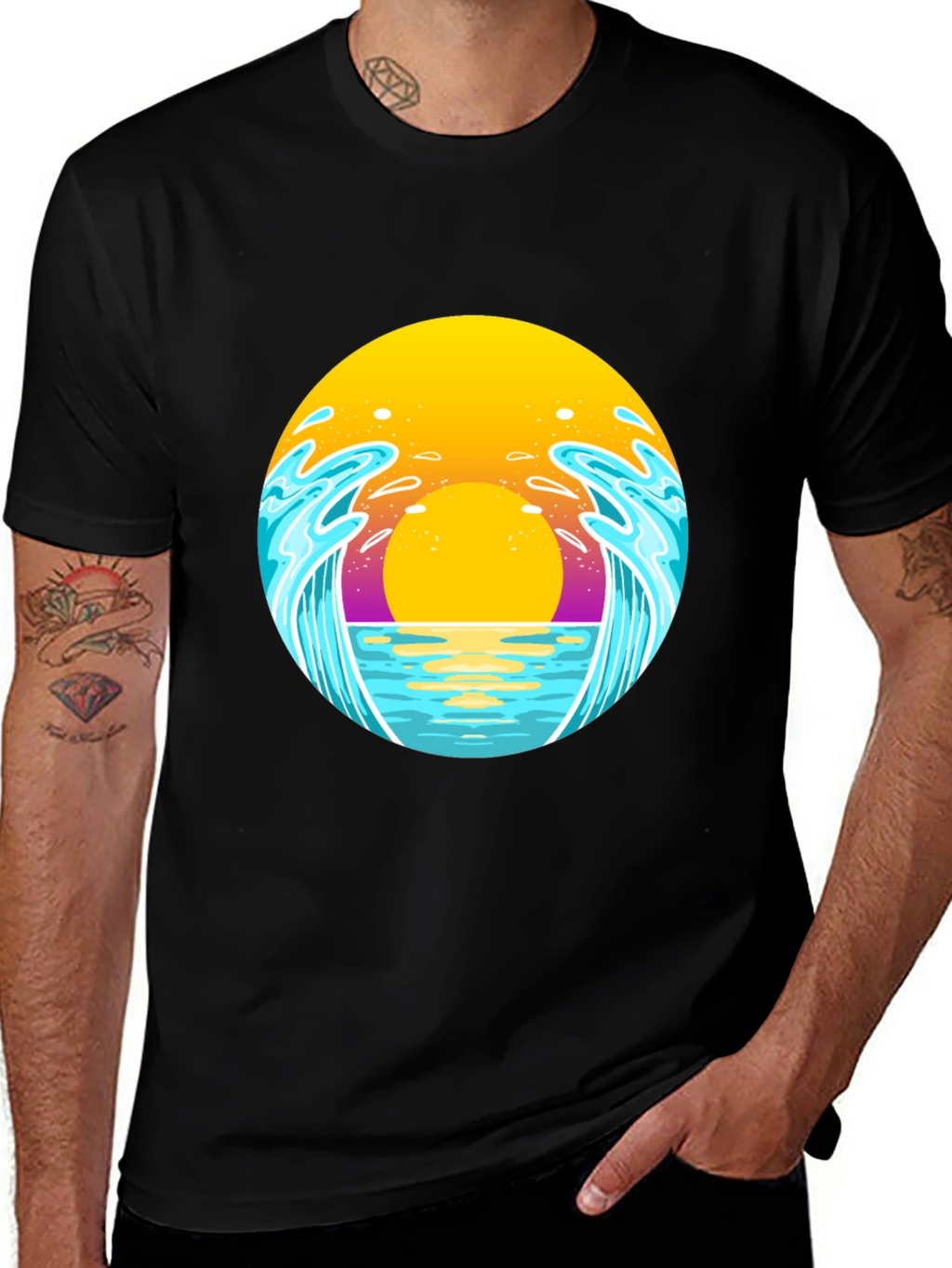 Sunset Waves Graphic Tee - Black Cotton T-Shirt