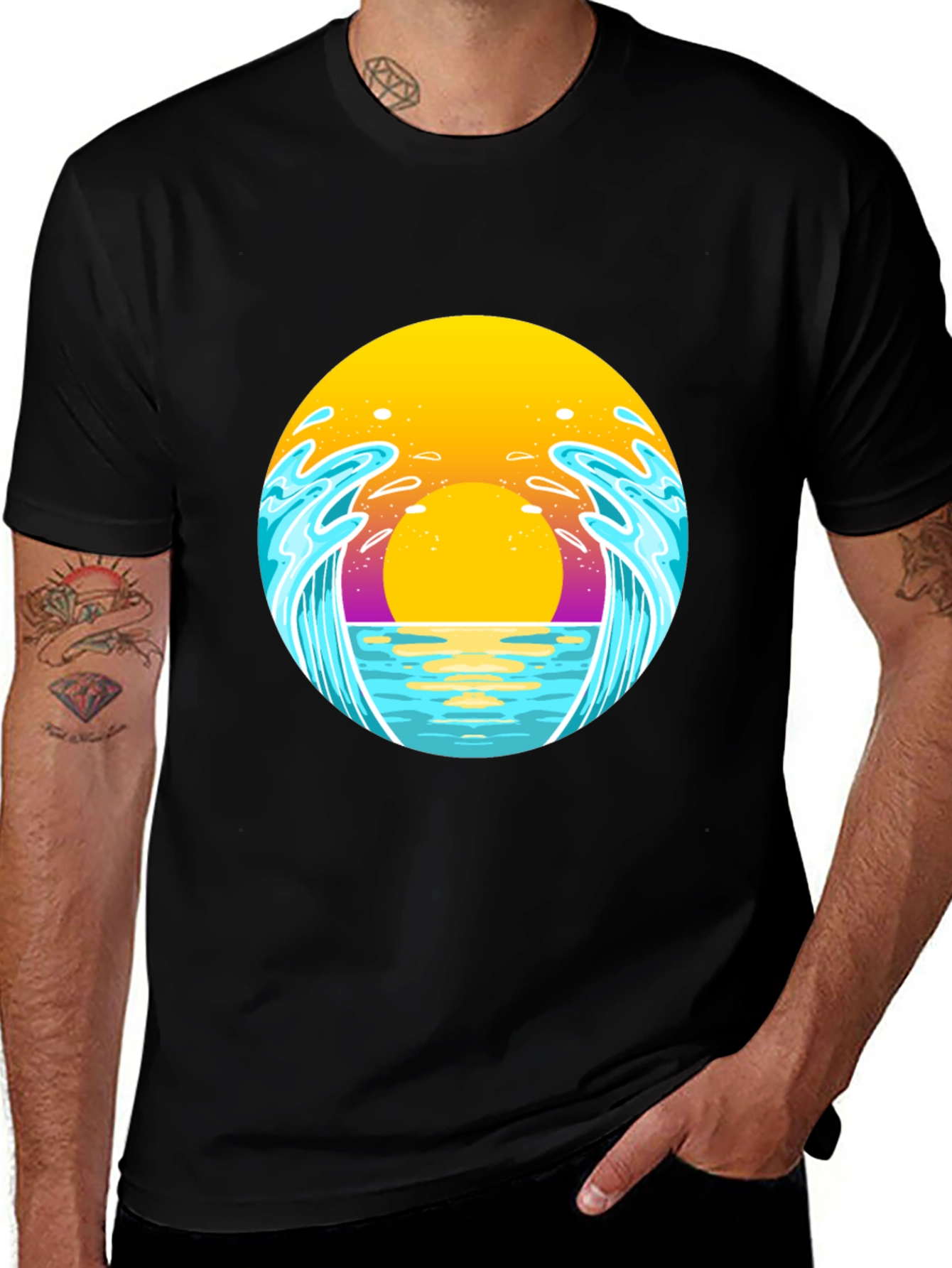 Sunset Waves Graphic Tee - Black Cotton T-Shirt