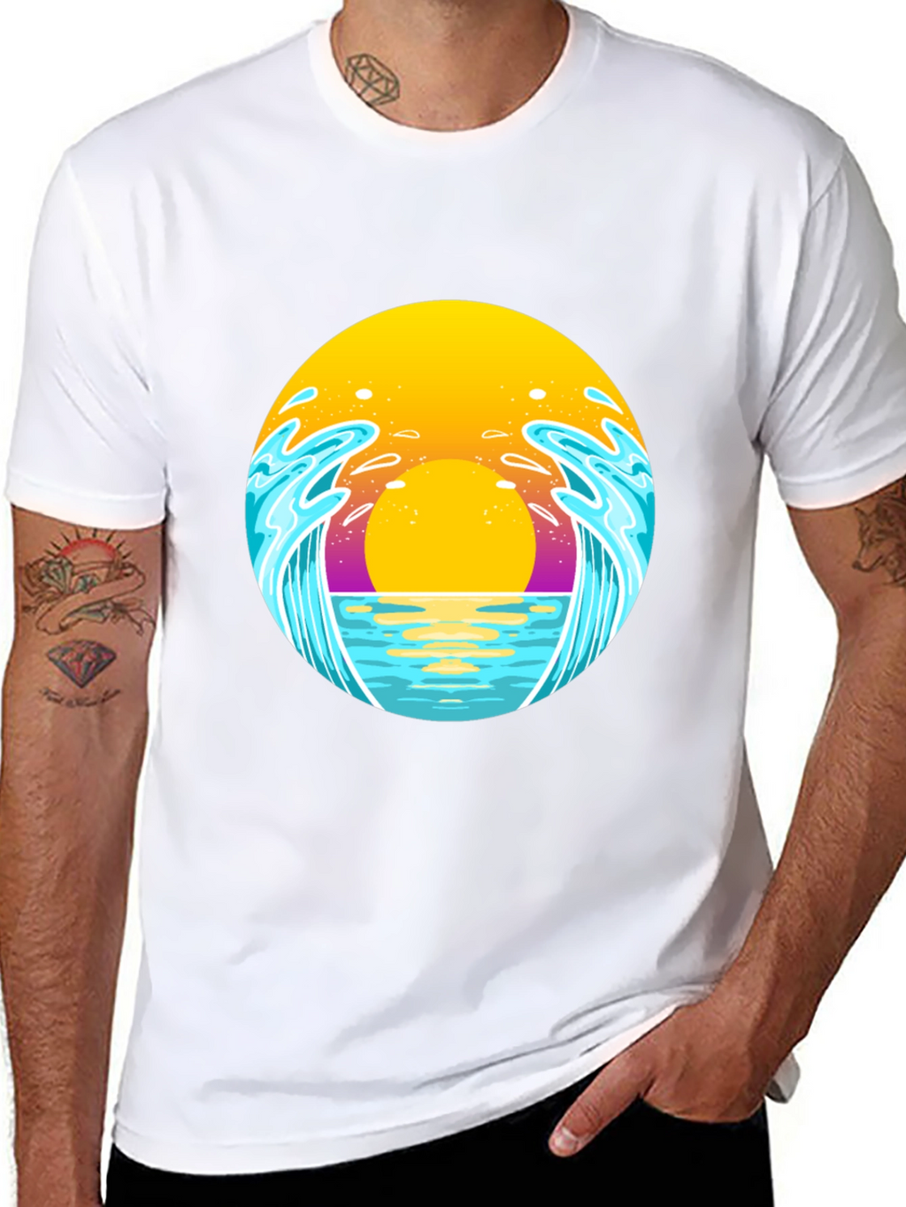 Sunset Waves Graphic Tee - Black Cotton T-Shirt