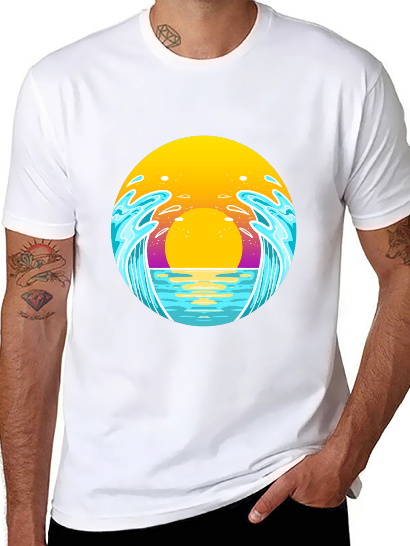 Sunset Waves Graphic Tee - Black Cotton T-Shirt