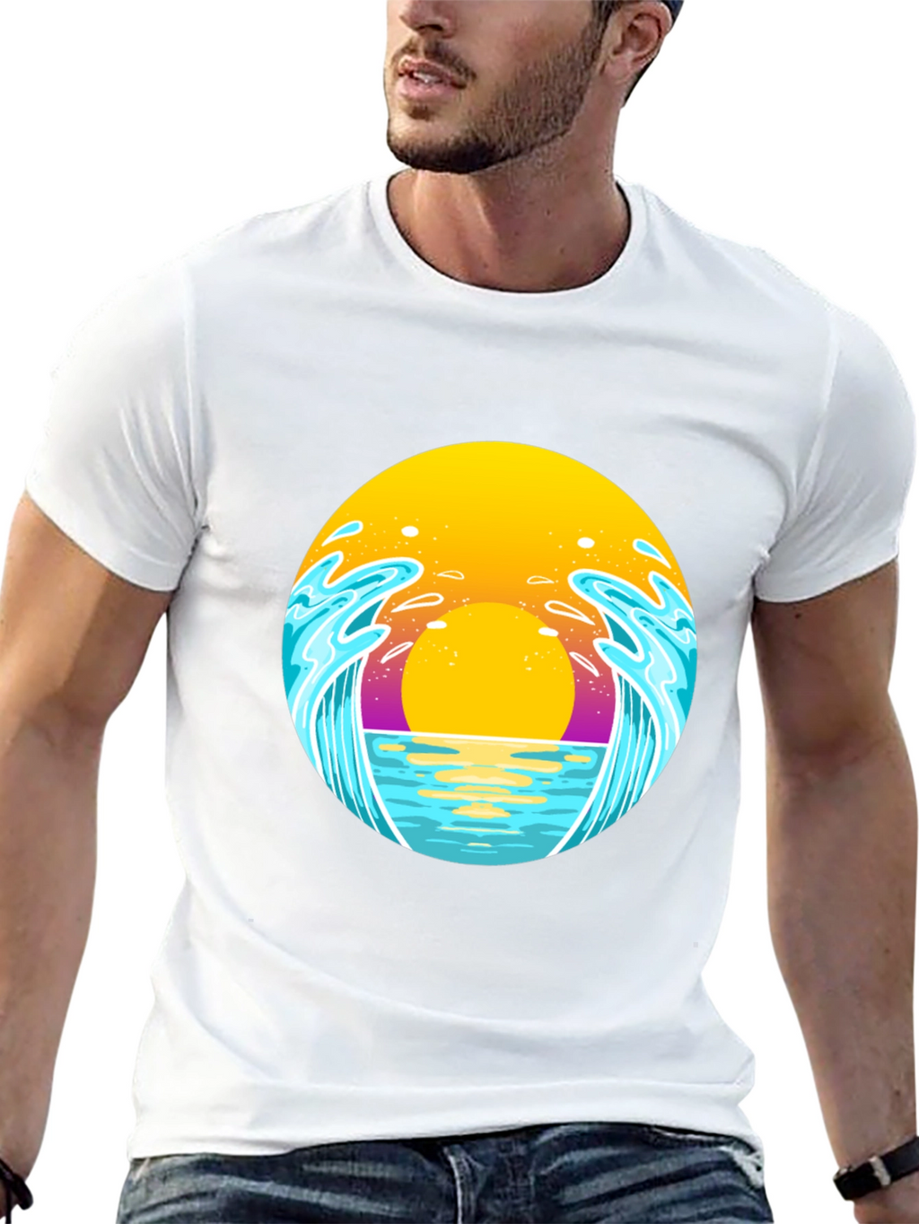 Sunset Waves Graphic Tee - Black Cotton T-Shirt
