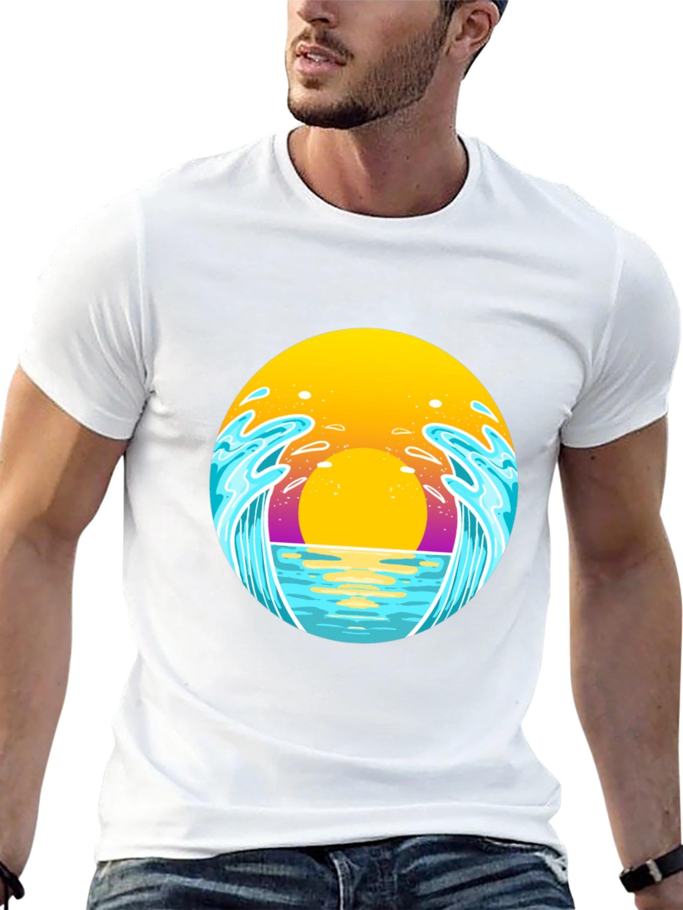 Sunset Waves Graphic Tee - Black Cotton T-Shirt