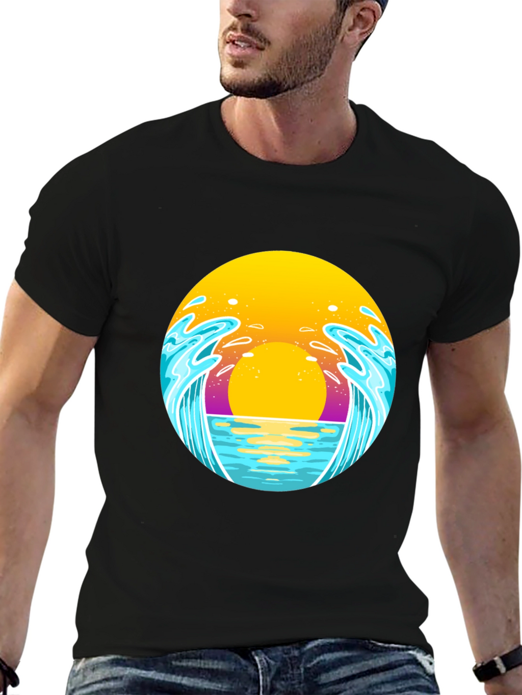 Sunset Waves Graphic Tee - Black Cotton T-Shirt