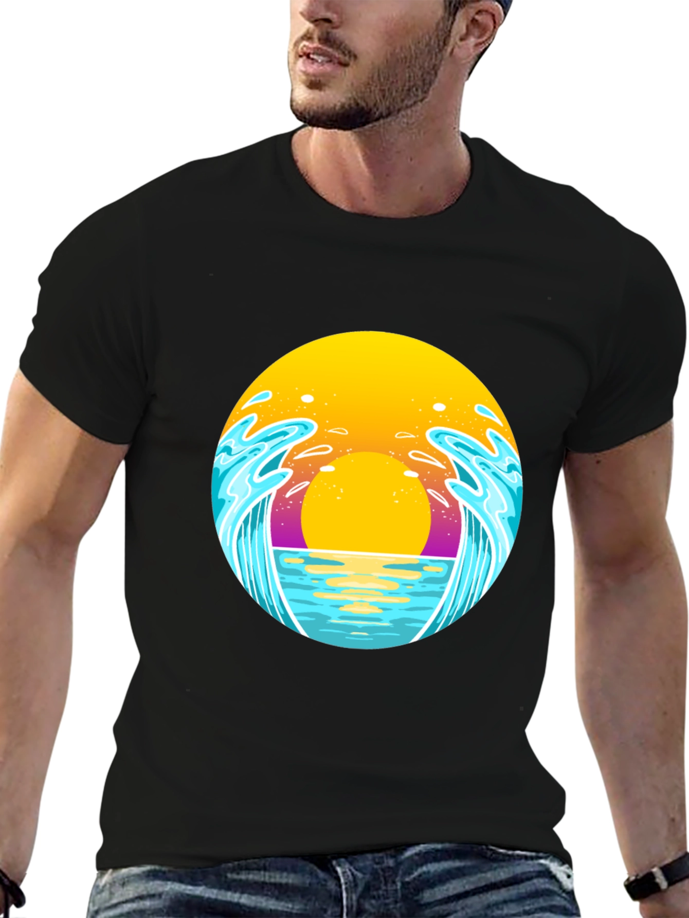 Sunset Waves Graphic Tee - Black Cotton T-Shirt