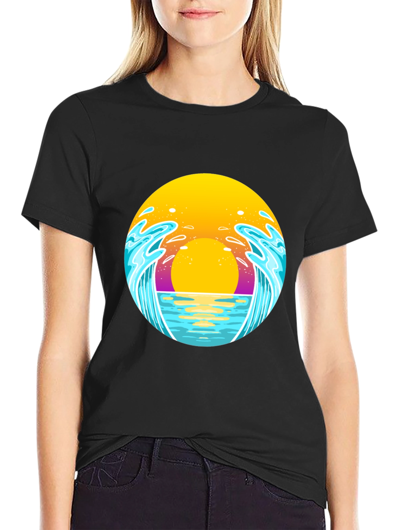Sunset Waves Graphic Tee - Black Cotton T-Shirt