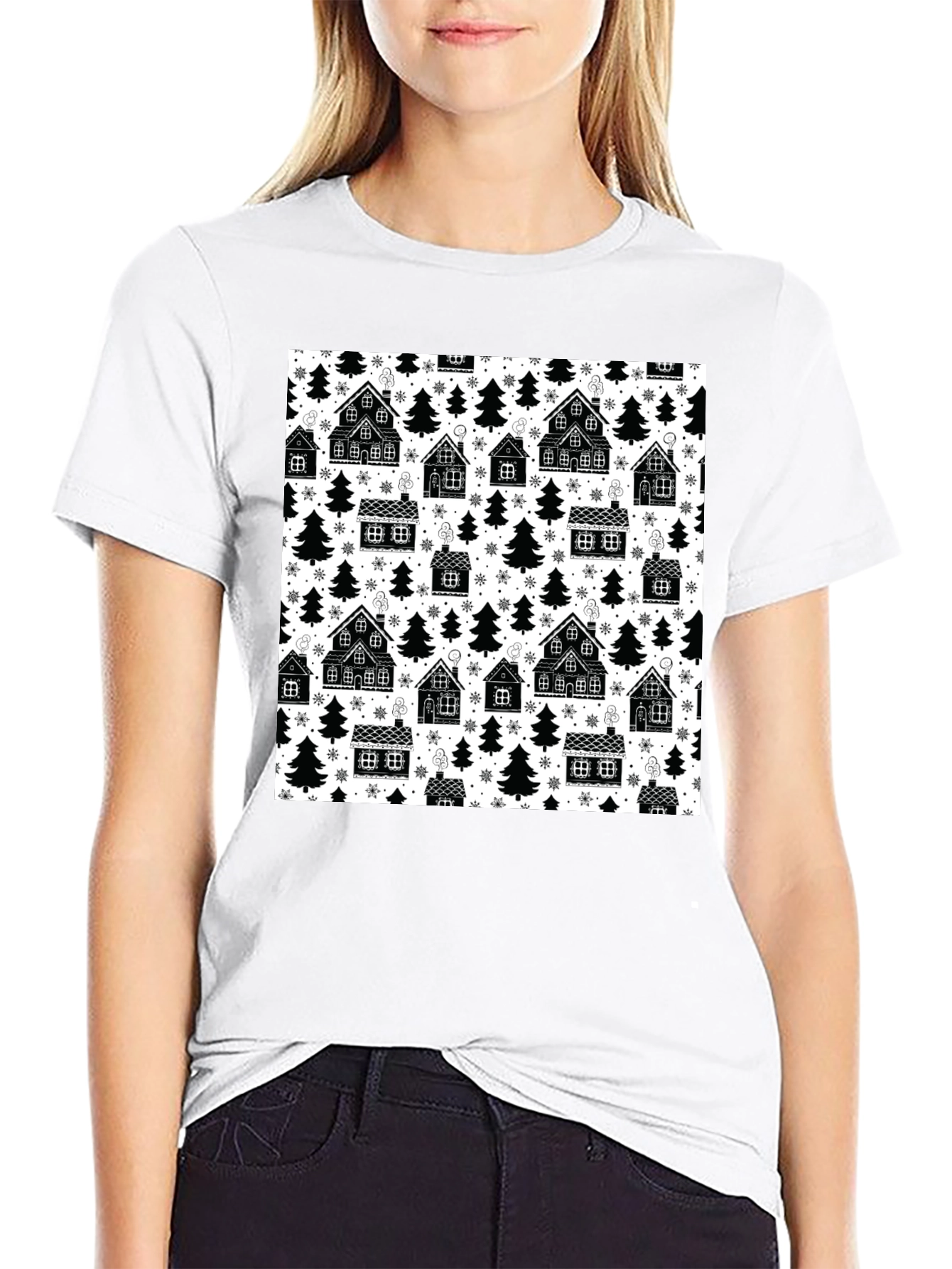 Winter Village Pattern T-Shirt - Cozy Holiday Style