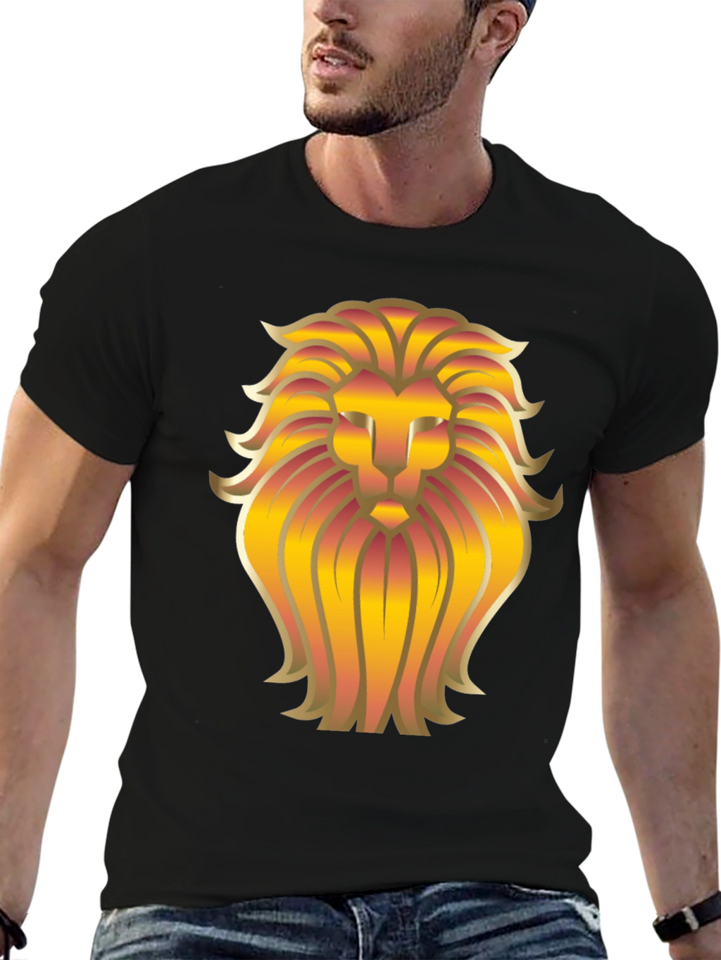 Golden Lion Head Graphic Black T-Shirt