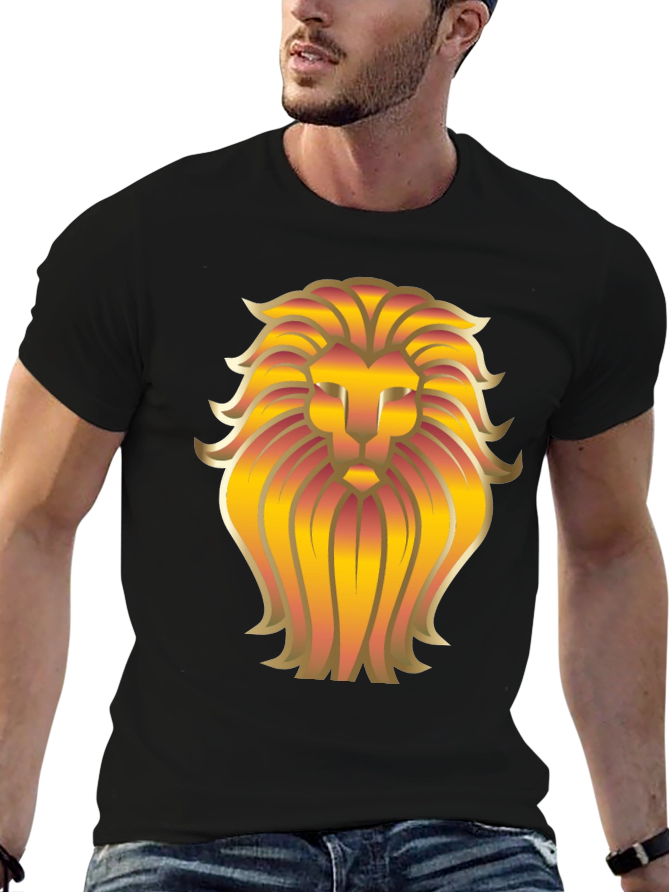 Golden Lion Head Graphic Black T-Shirt