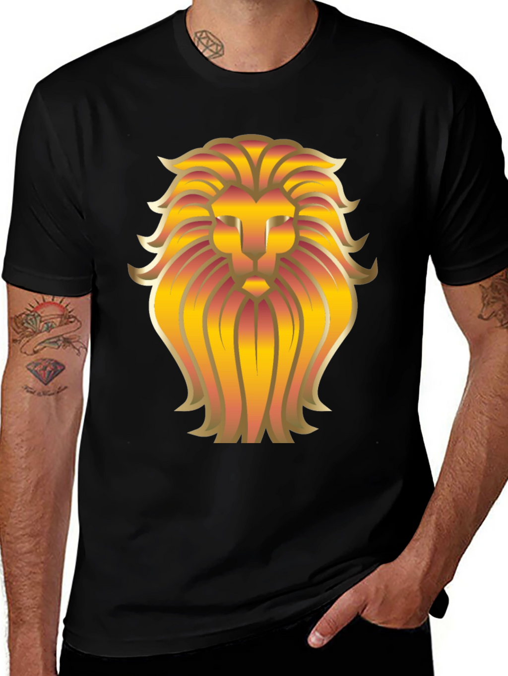 Golden Lion Head Graphic Black T-Shirt