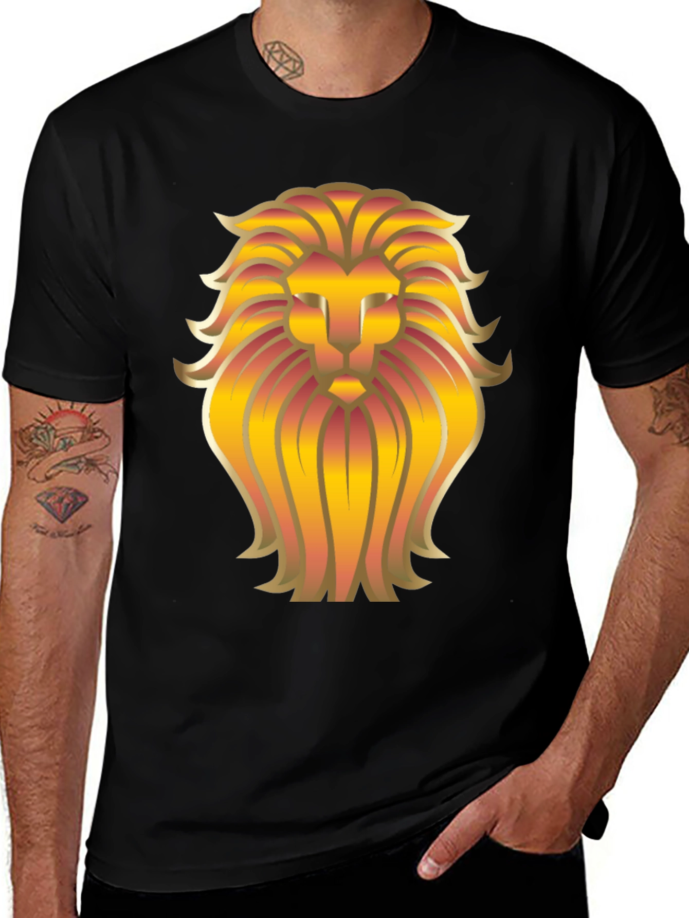 Golden Lion Head Graphic Black T-Shirt