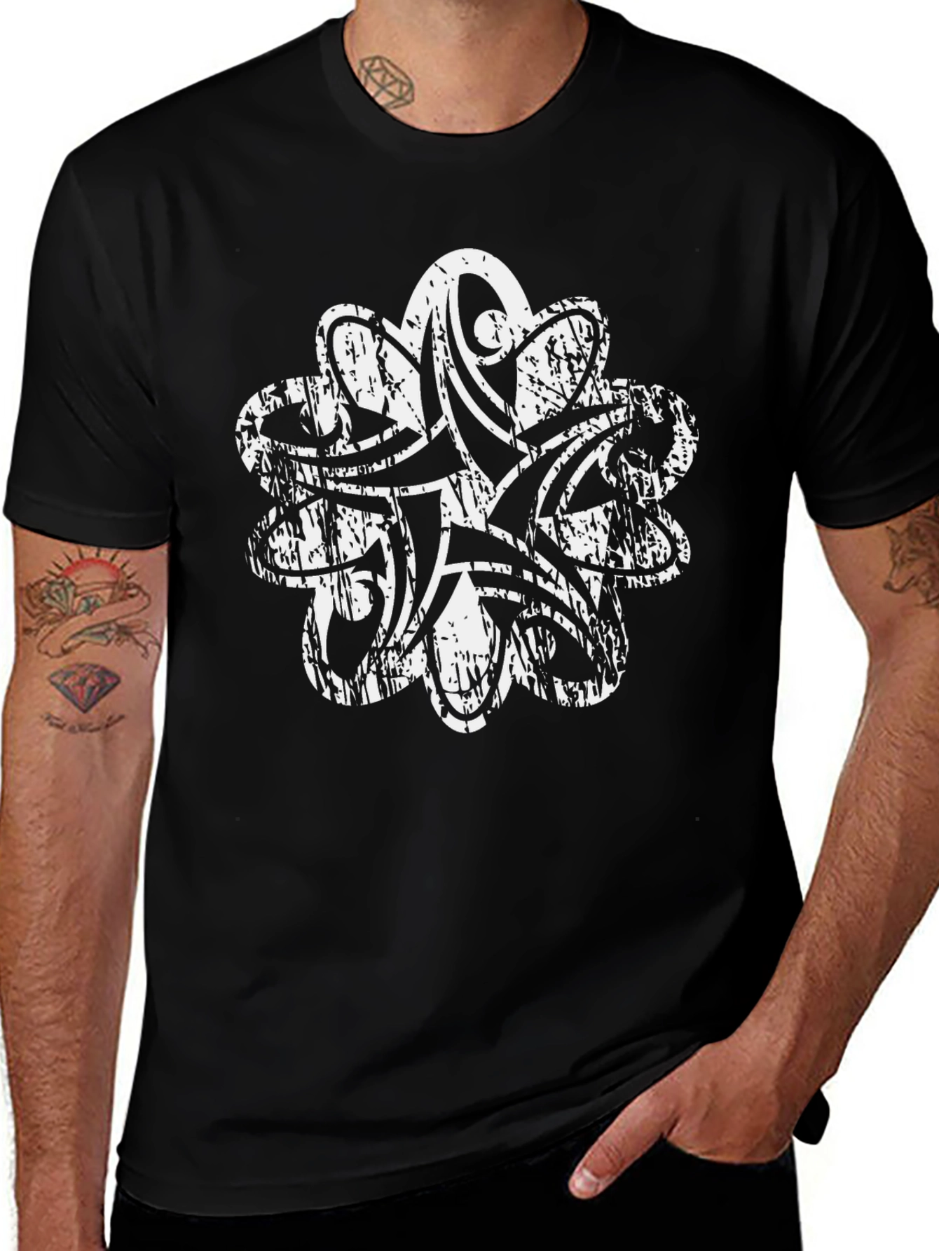 Distressed White Tribal Print Black T-Shirt