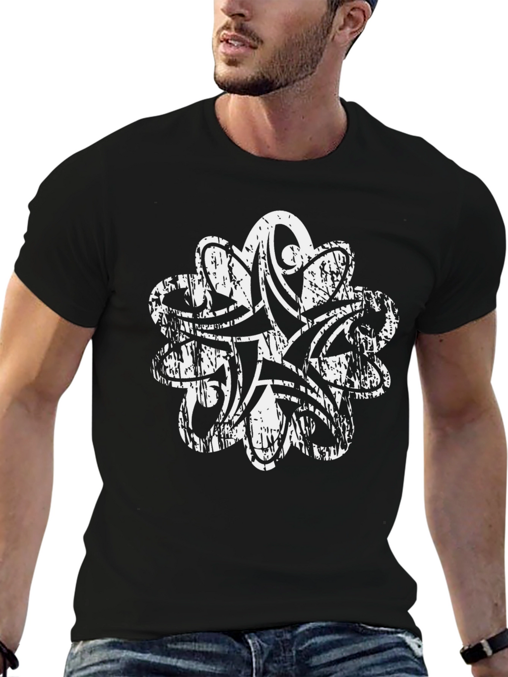 Distressed White Tribal Print Black T-Shirt