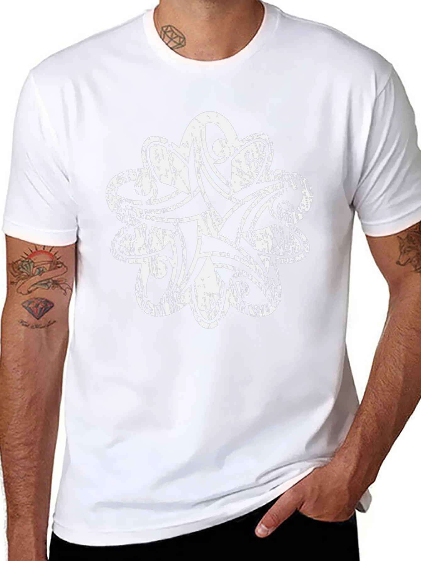 Distressed White Tribal Print Black T-Shirt