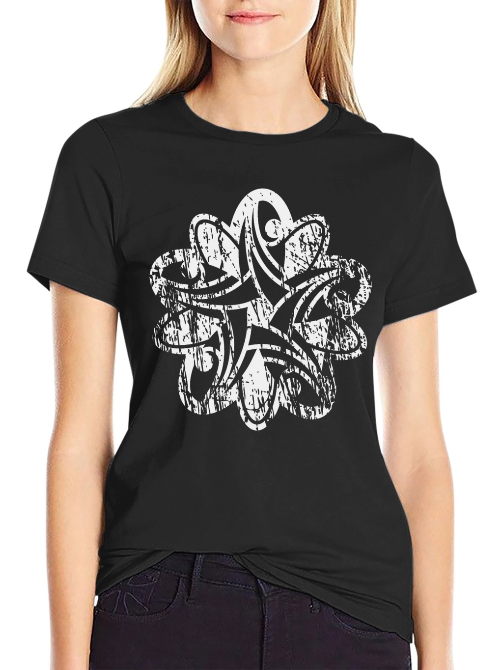 Distressed White Tribal Print Black T-Shirt