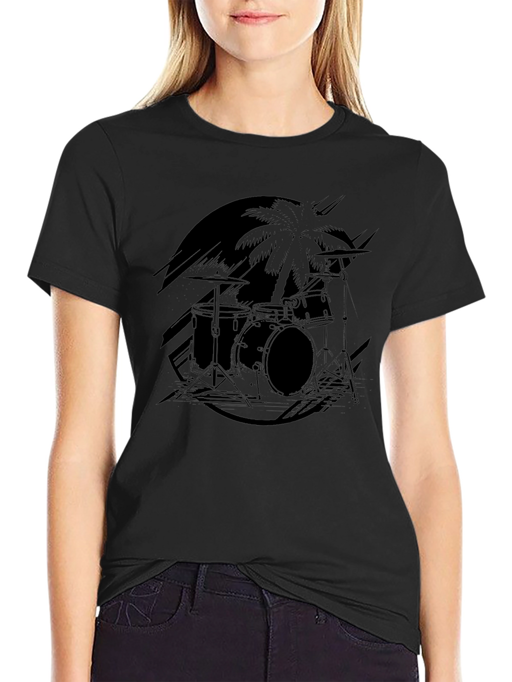 Black Drum Set Palm Tree Graphic Tee