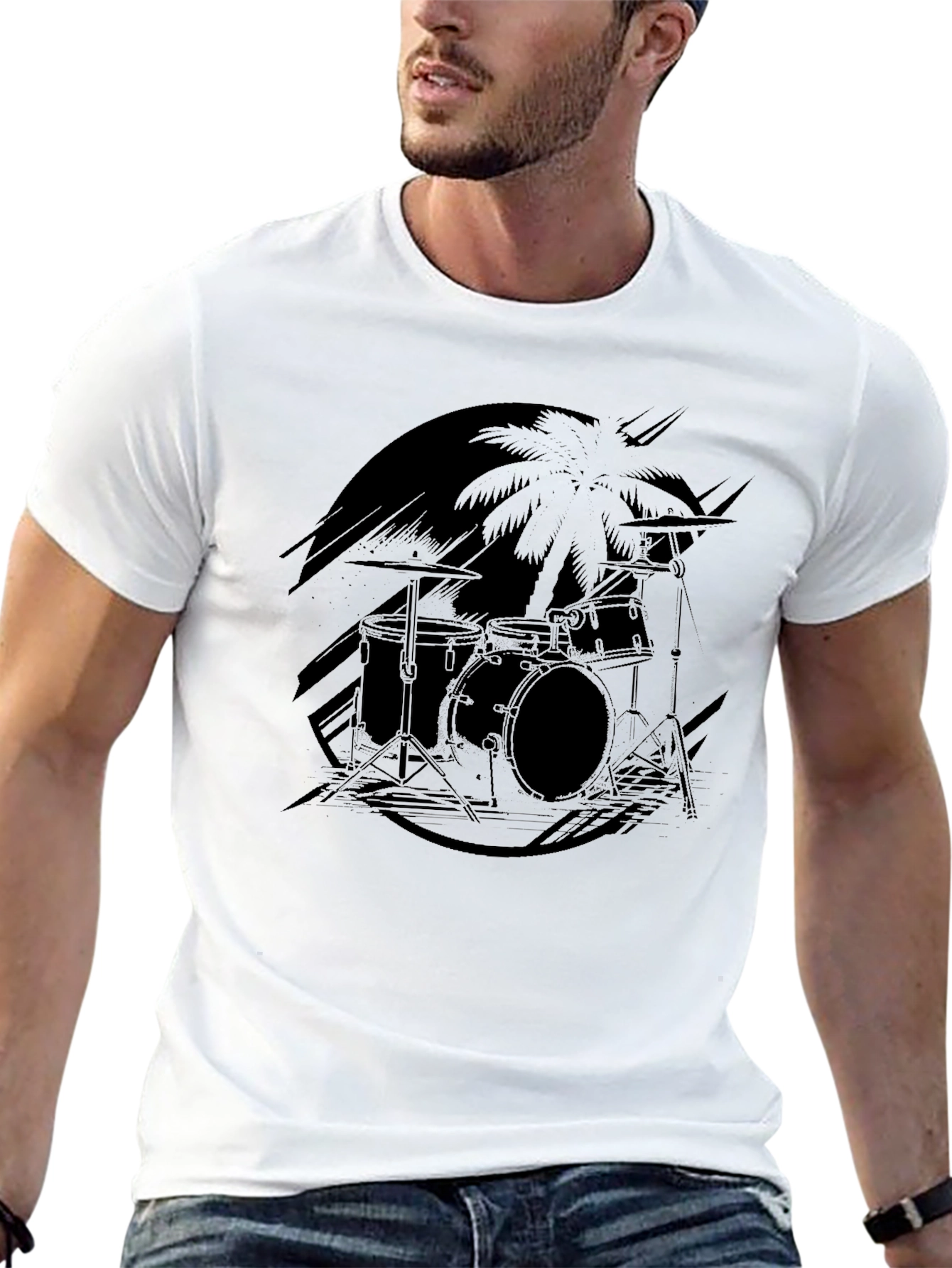 Black Drum Set Palm Tree Graphic Tee