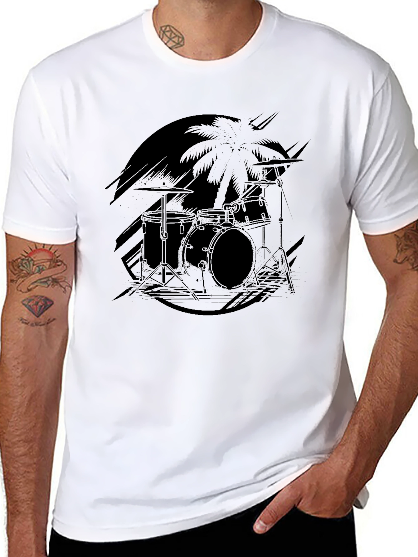Black Drum Set Palm Tree Graphic Tee