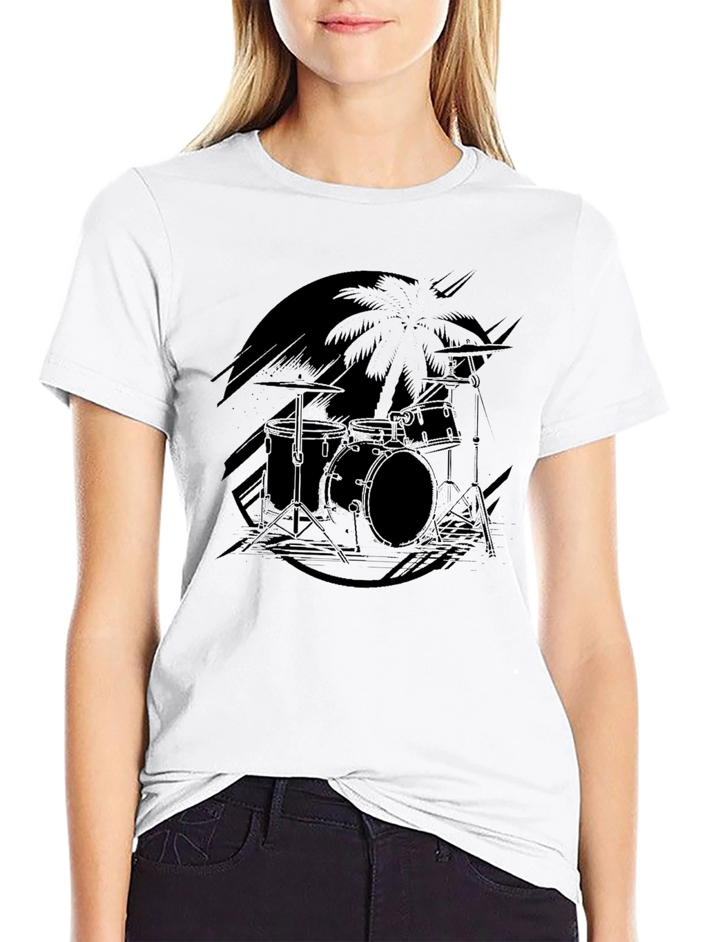 Black Drum Set Palm Tree Graphic Tee