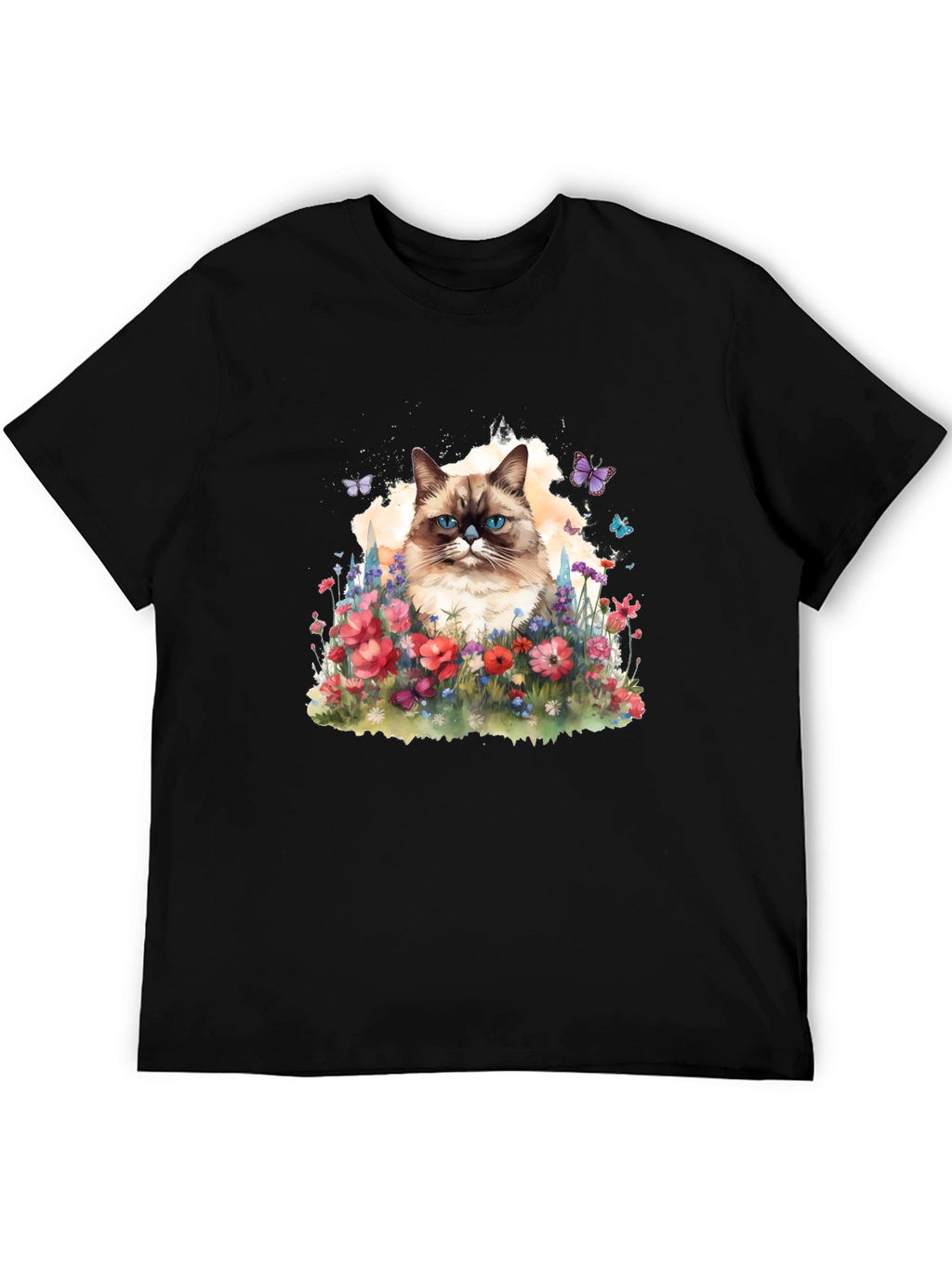 Cat & Flowers Graphic Tee - Mens Black T-Shirt