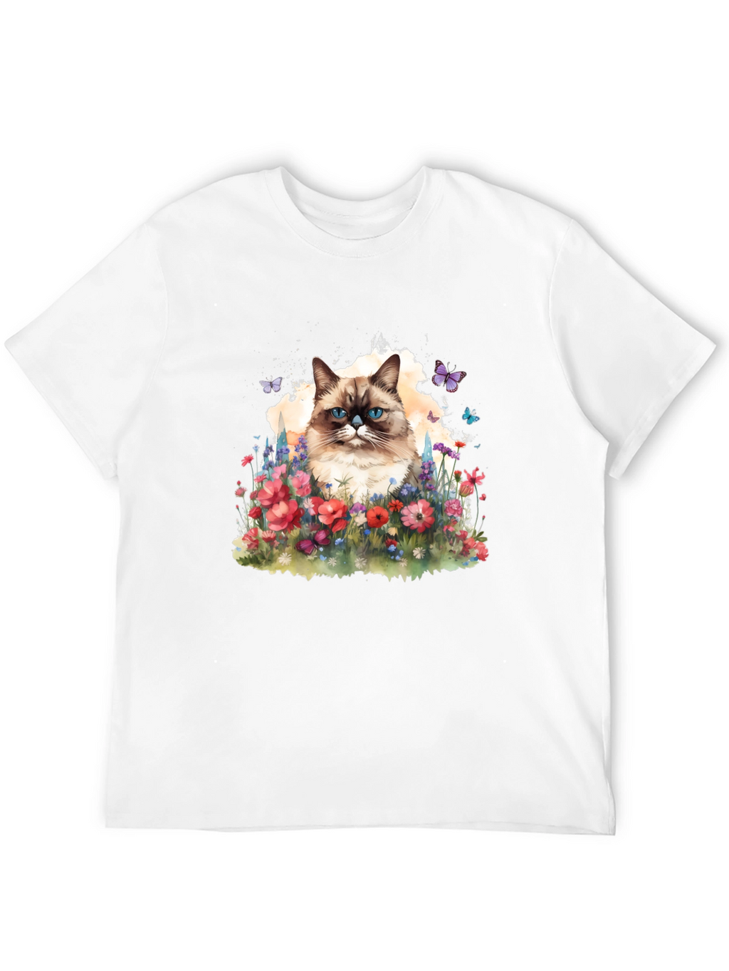 Cat & Flowers Graphic Tee - Mens Black T-Shirt