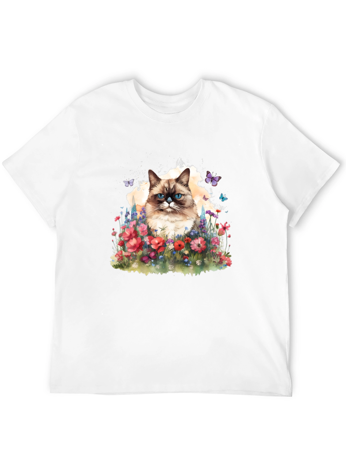 Cat & Flowers Graphic Tee - Mens Black T-Shirt