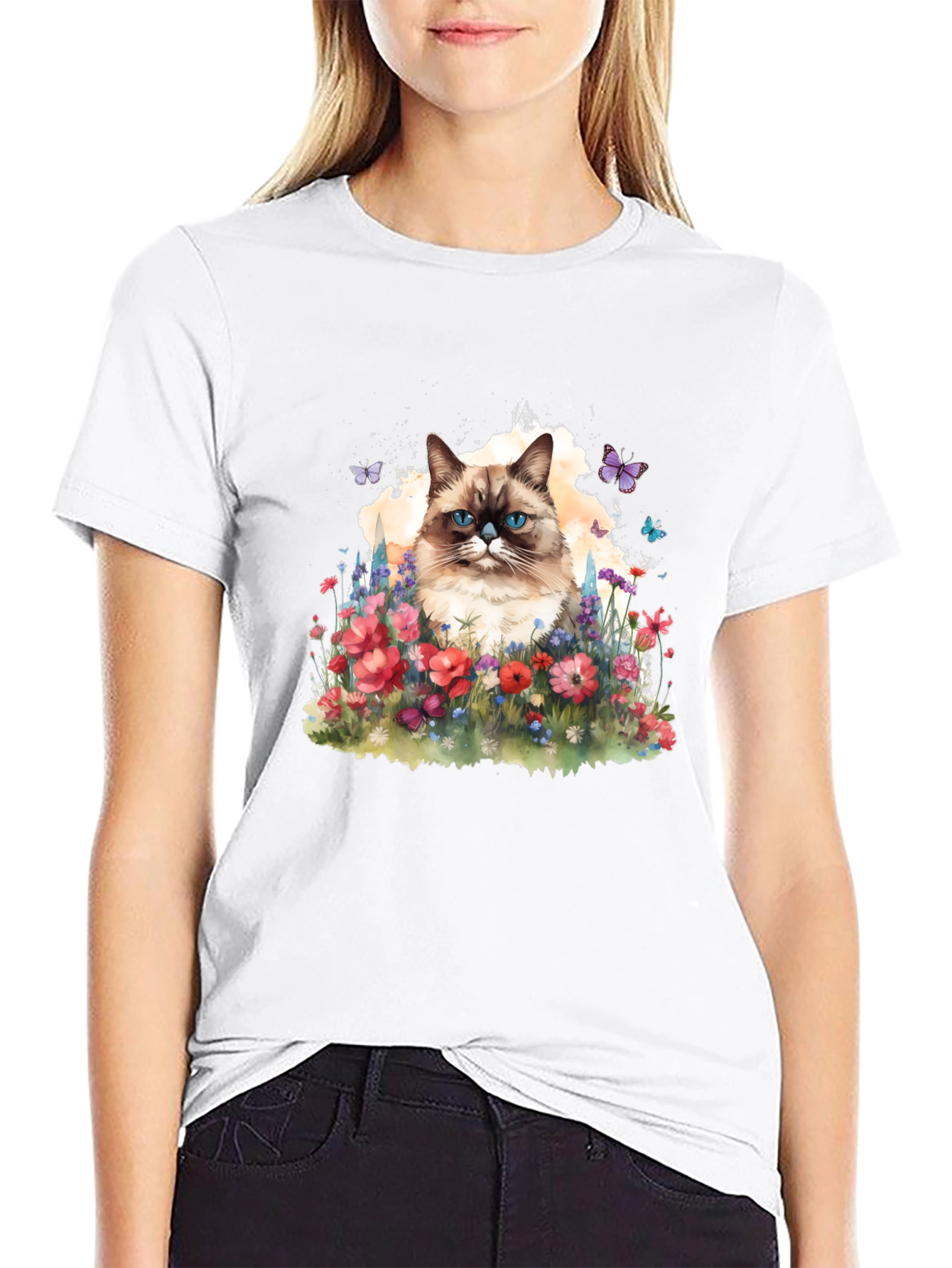 Cat & Flowers Graphic Tee - Mens Black T-Shirt