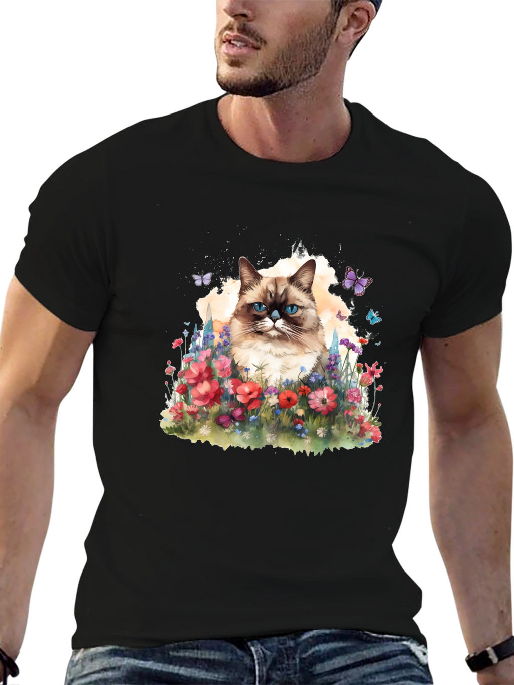 Cat & Flowers Graphic Tee - Mens Black T-Shirt