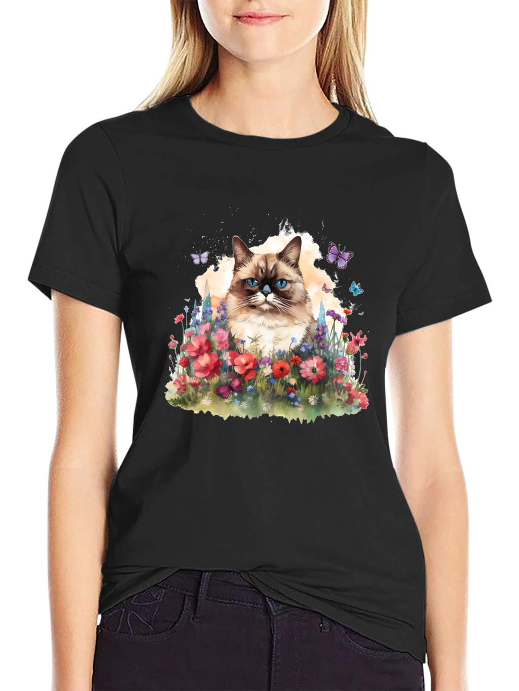 Cat & Flowers Graphic Tee - Mens Black T-Shirt