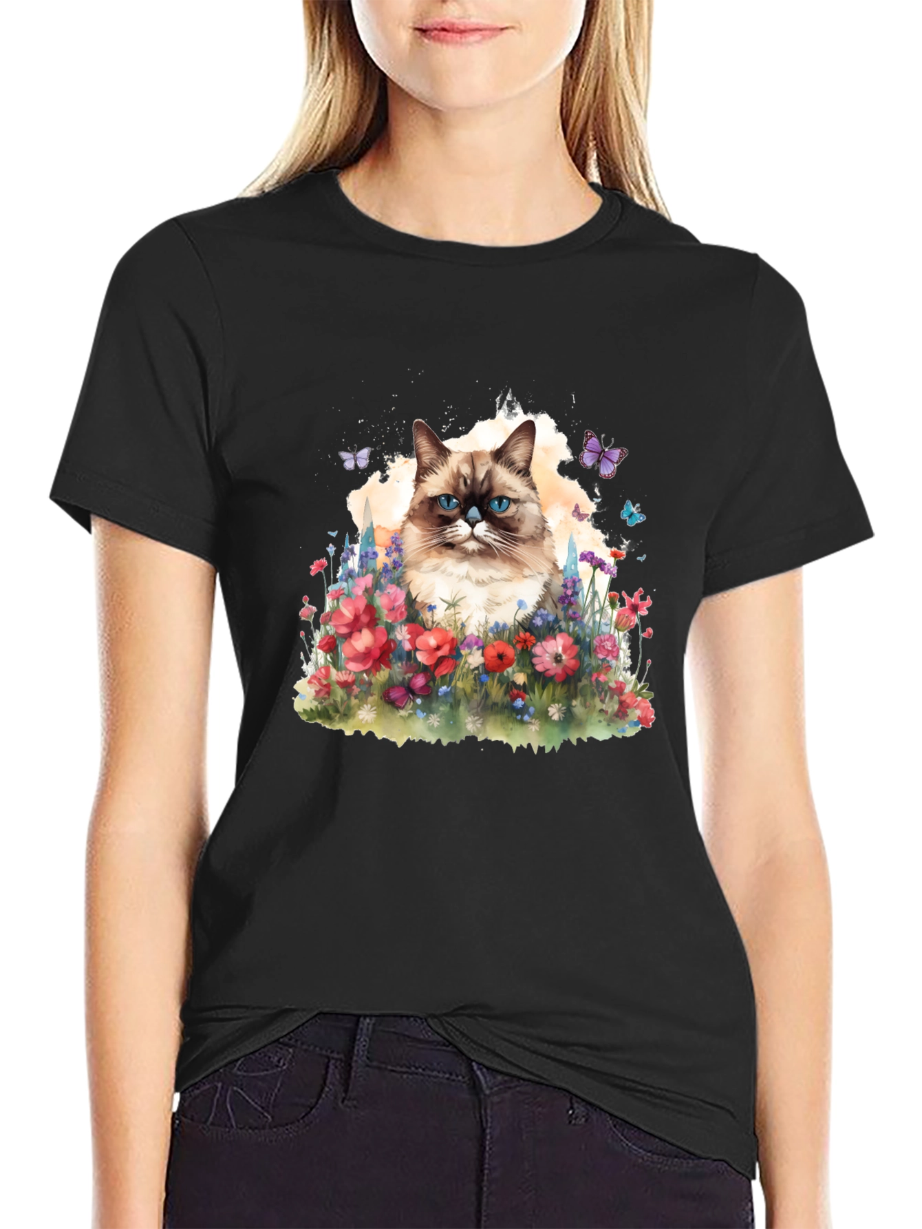 Cat & Flowers Graphic Tee - Mens Black T-Shirt
