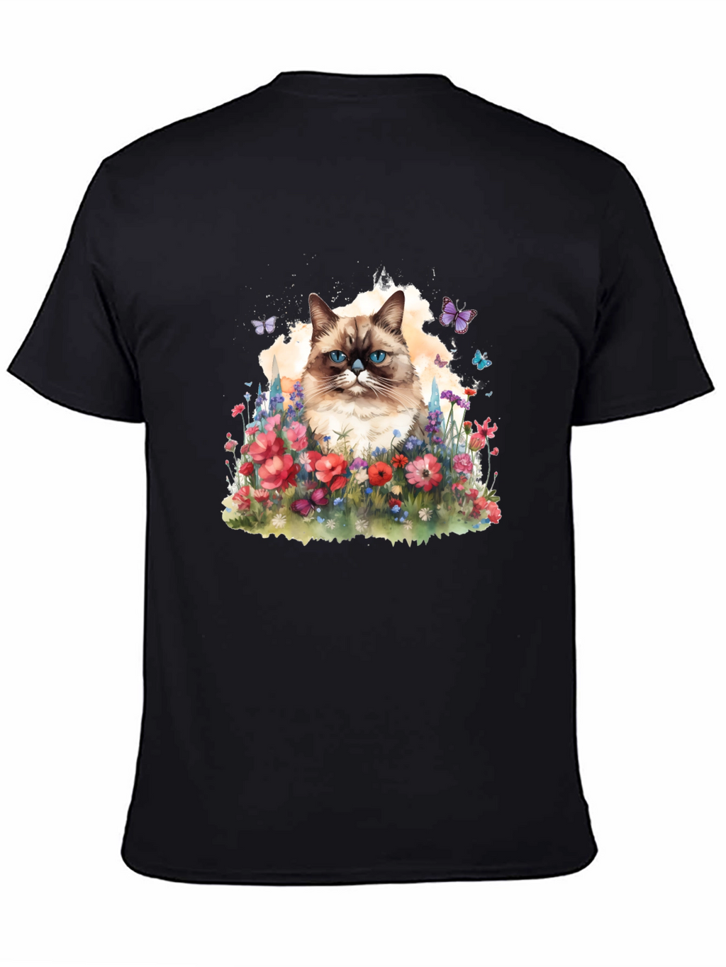 Cat & Flowers Graphic Tee - Mens Black T-Shirt
