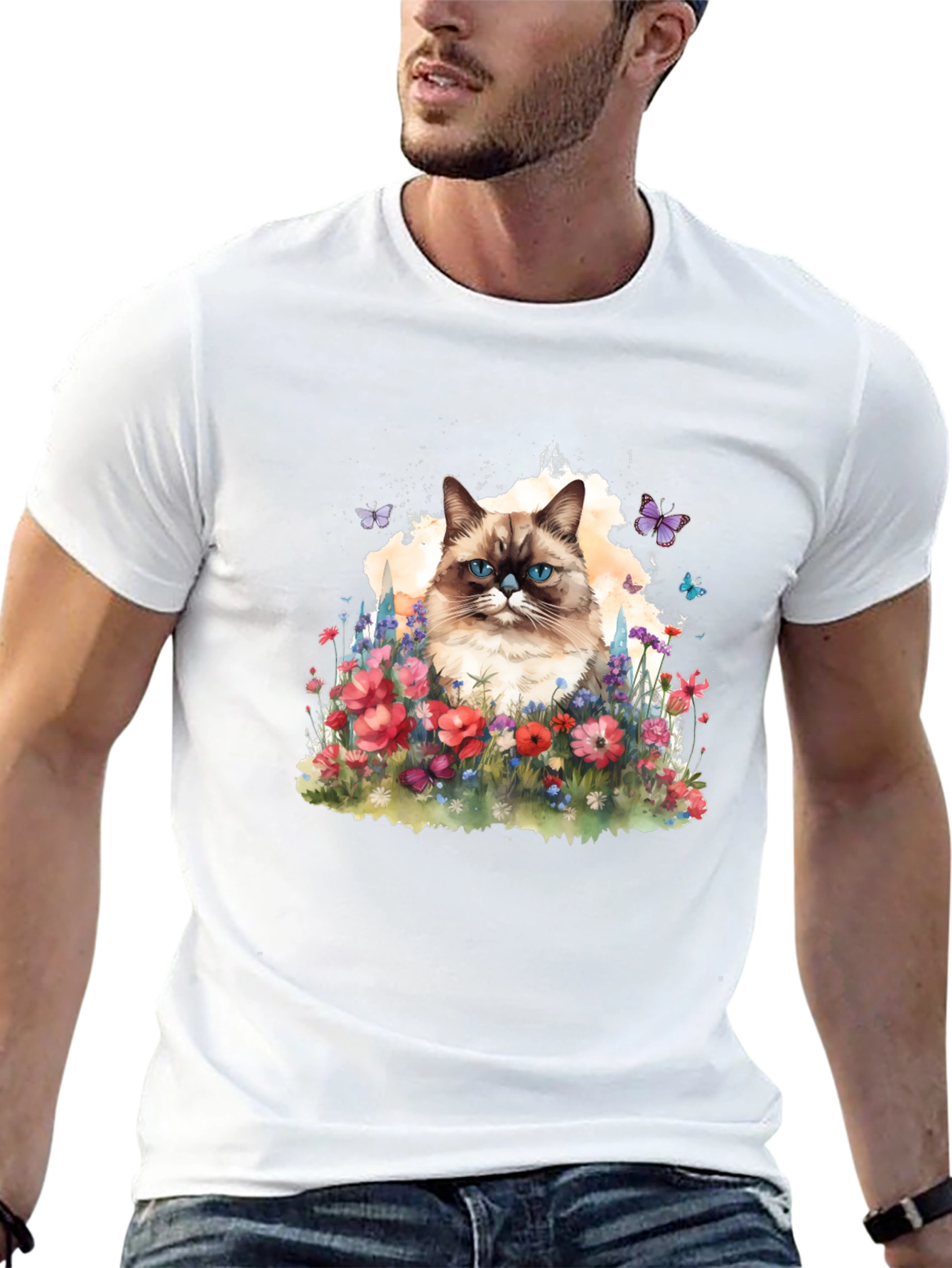 Cat & Flowers Graphic Tee - Mens Black T-Shirt