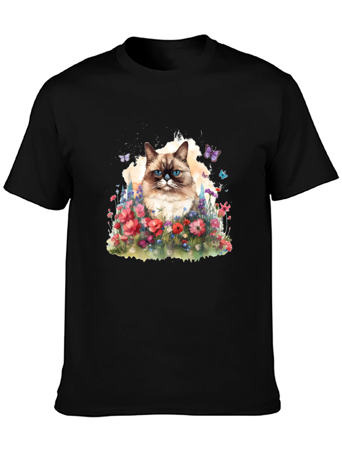 Cat & Flowers Graphic Tee - Mens Black T-Shirt