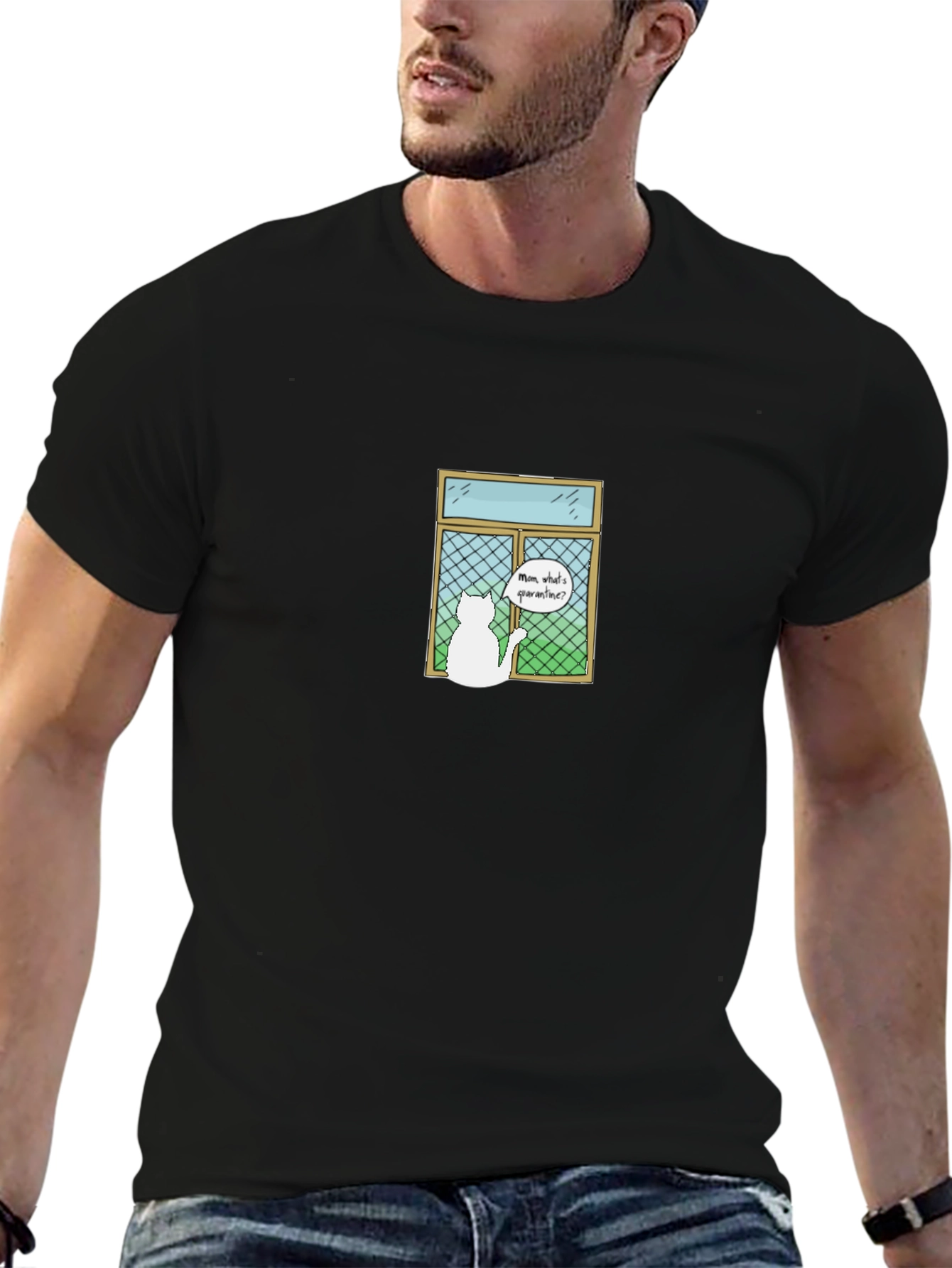 Quarantine Cat T-Shirt - Mens Black Cotton Tee