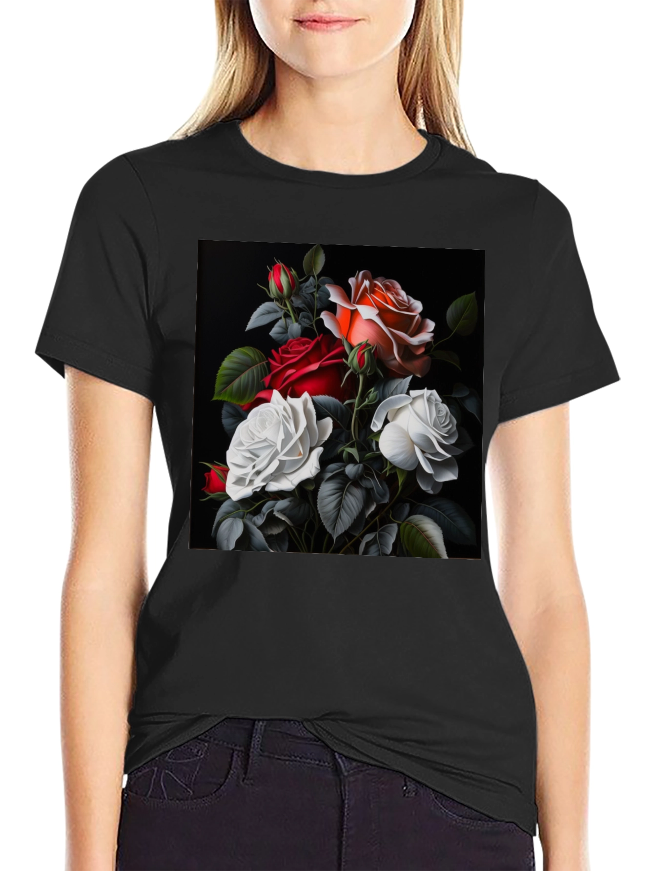 Floral Rose T-Shirt - Elegant Black Tee