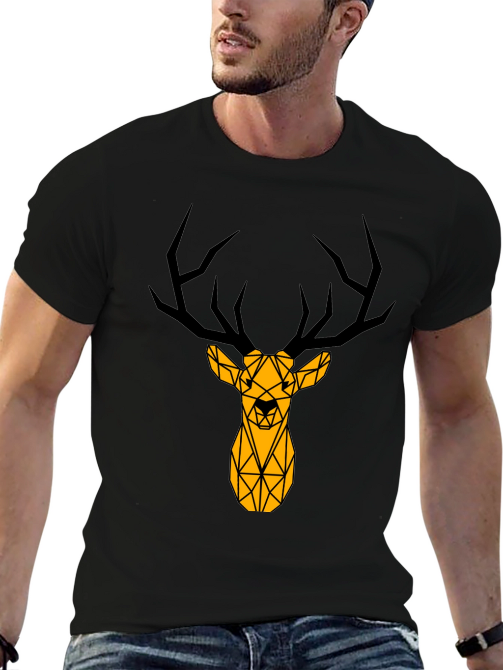 Geometric Deer Graphic Tee - Black