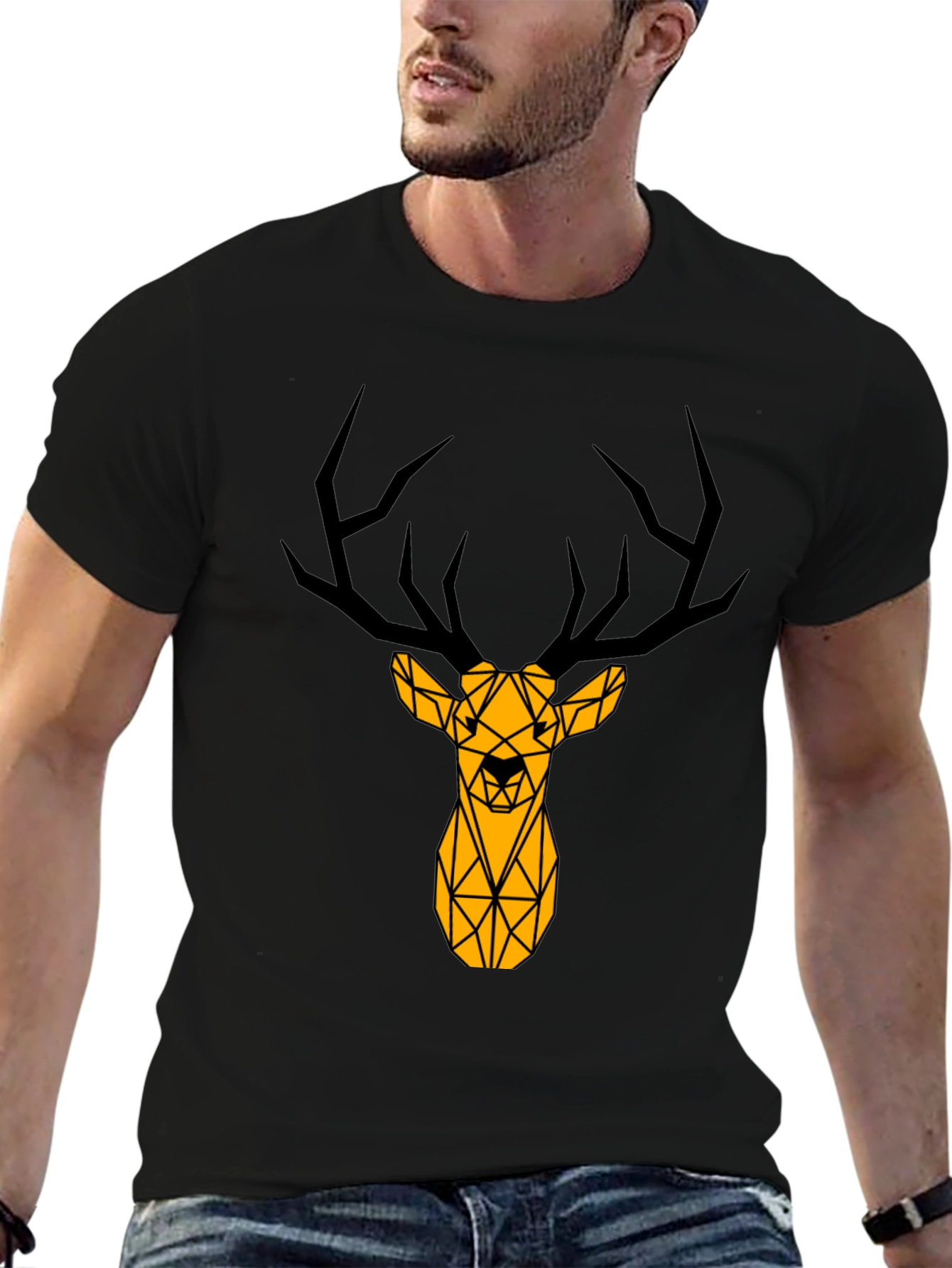 Geometric Deer Graphic Tee - Black
