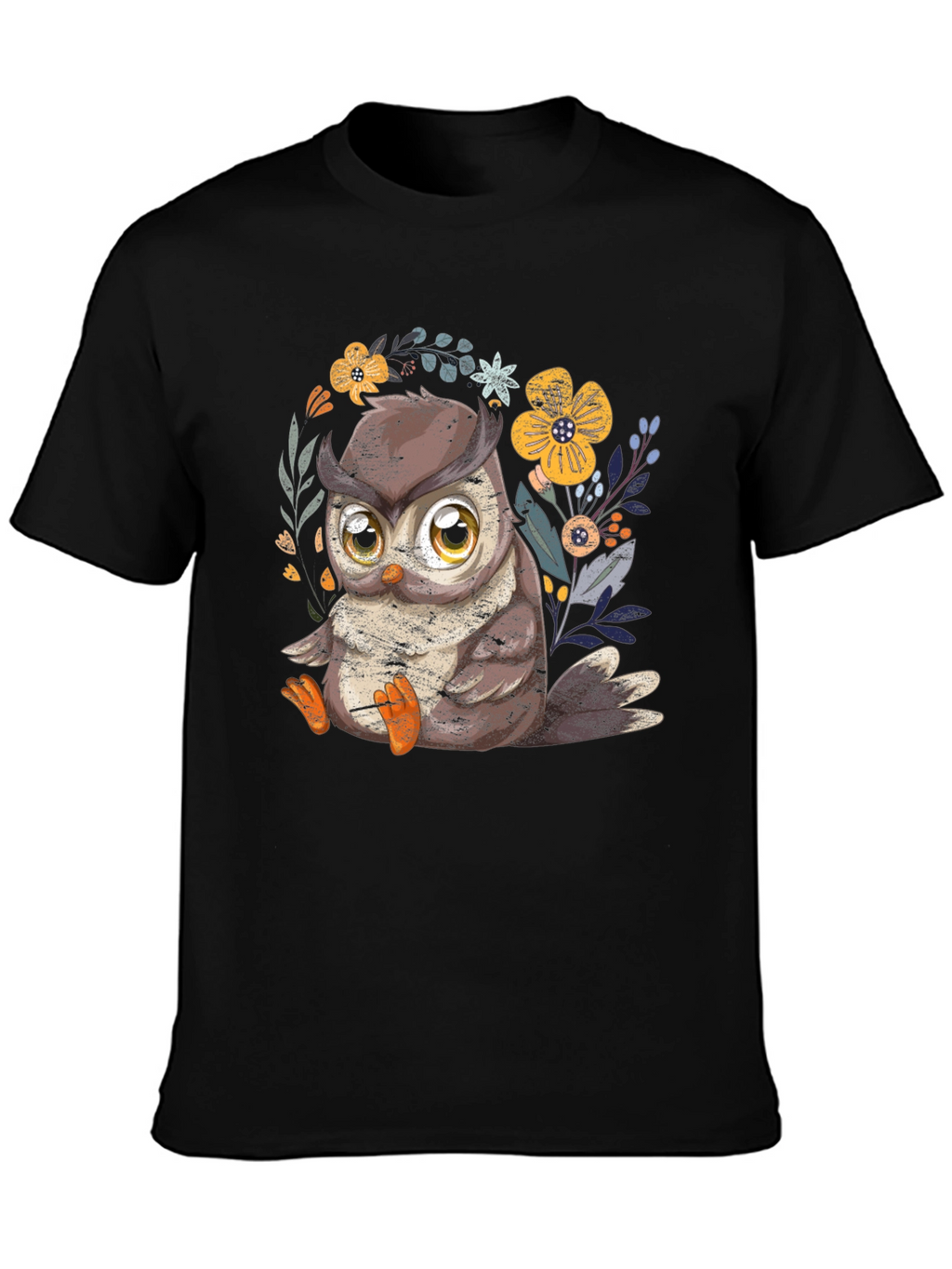 Cute Owl Graphic Tee - Black Cotton T-Shirt