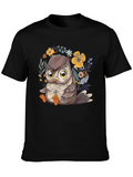 Cute Owl Graphic Tee - Black Cotton T-Shirt