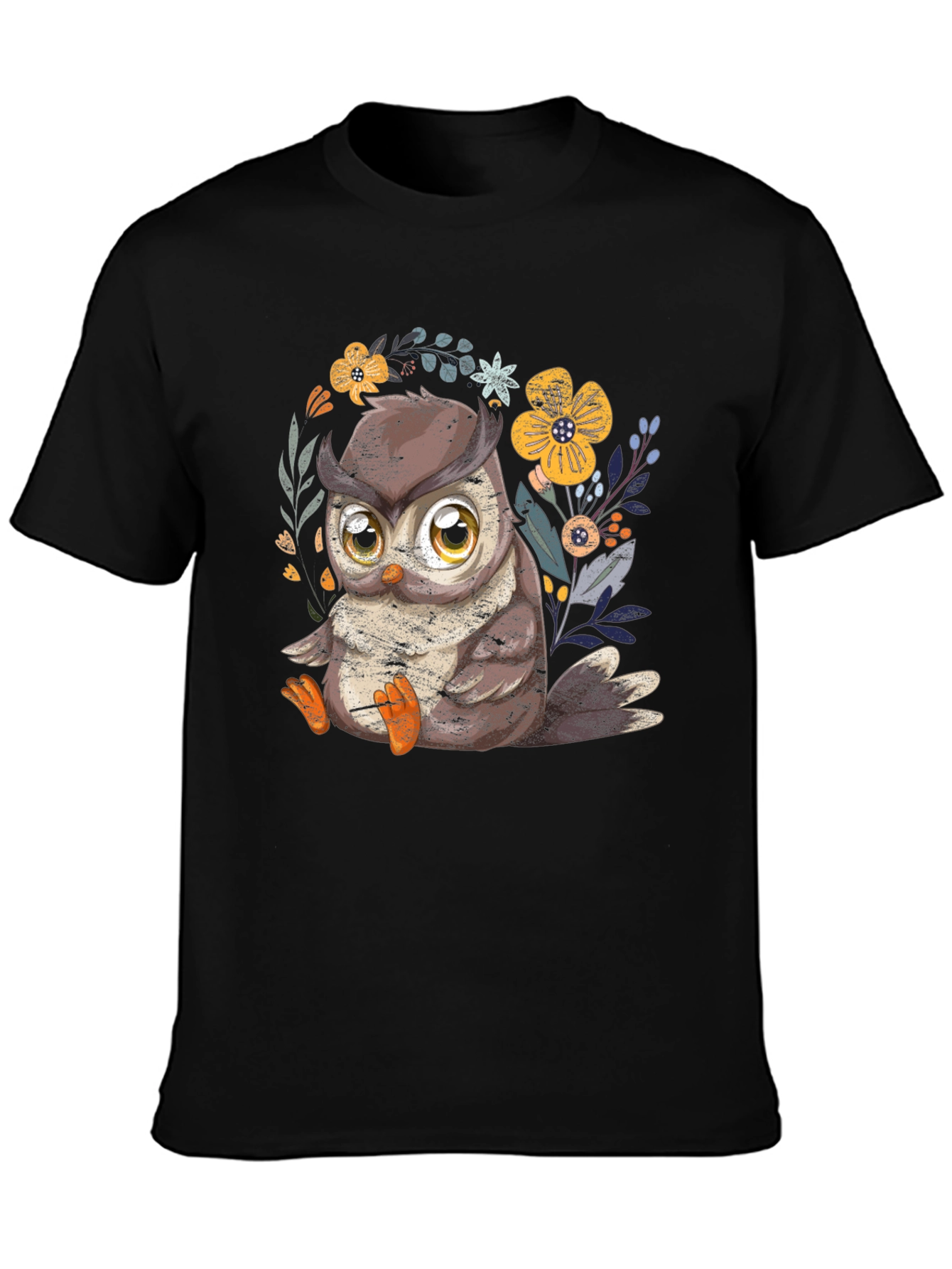 Cute Owl Graphic Tee - Black Cotton T-Shirt
