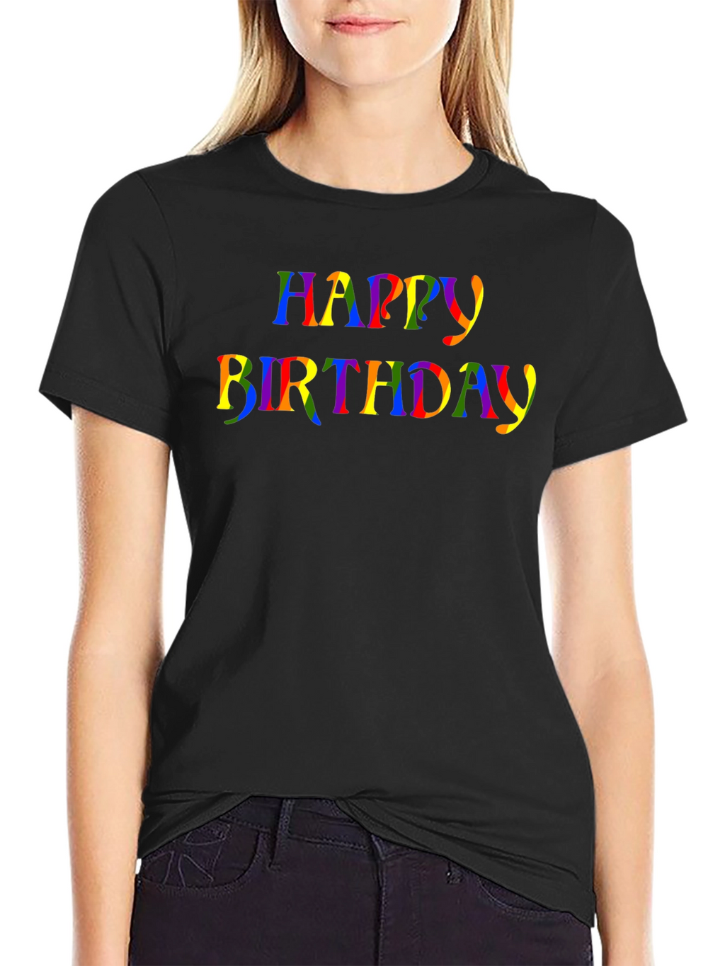 Rainbow Happy Birthday Graphic Black T-Shirt