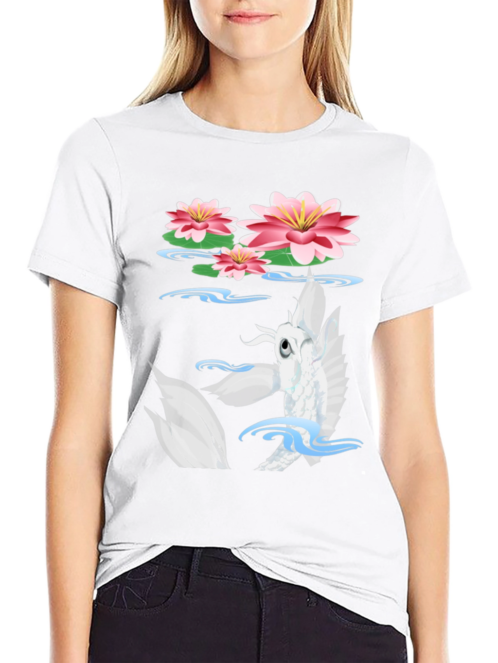 Koi Fish Lotus Pond Graphic Tee - Black