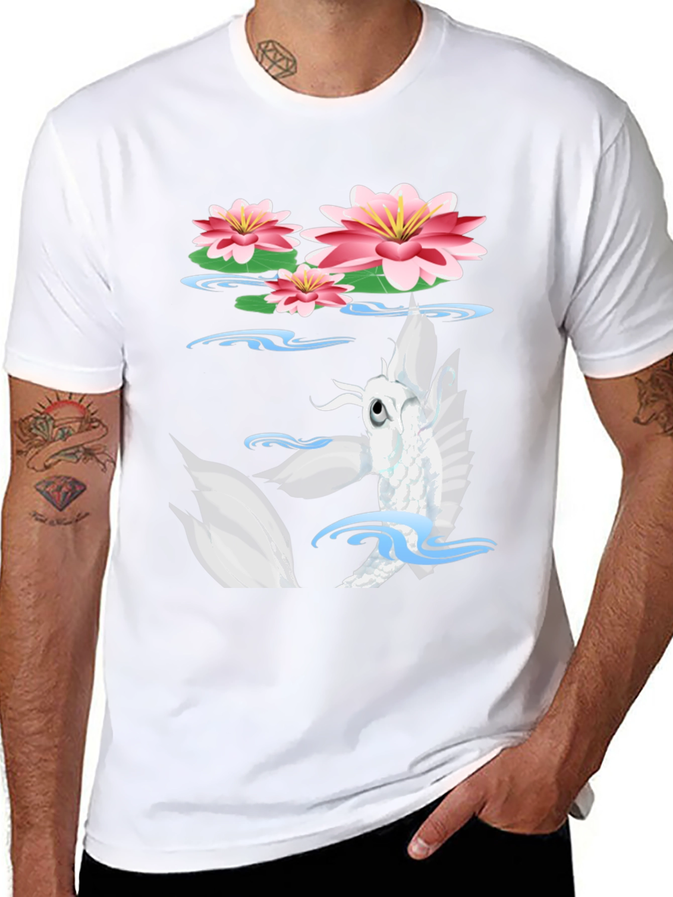 Koi Fish Lotus Pond Graphic Tee - Black