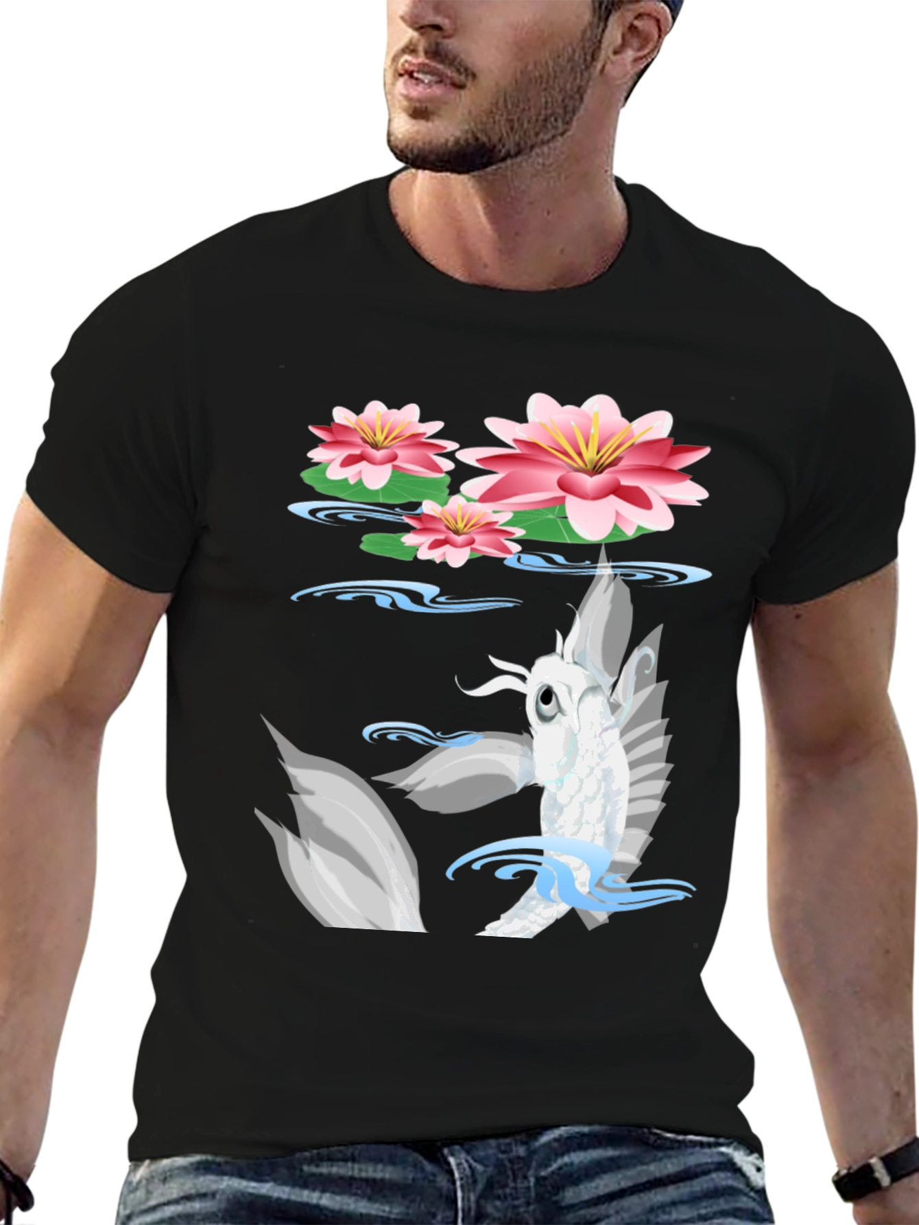 Koi Fish Lotus Pond Graphic Tee - Black