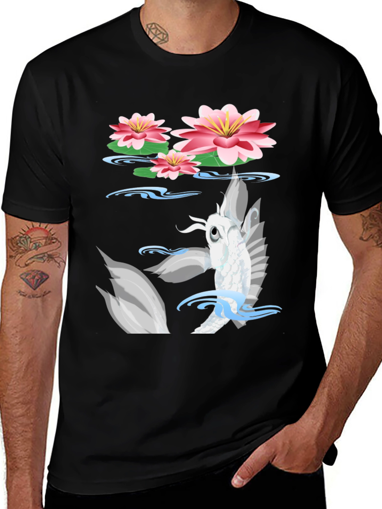 Koi Fish Lotus Pond Graphic Tee - Black
