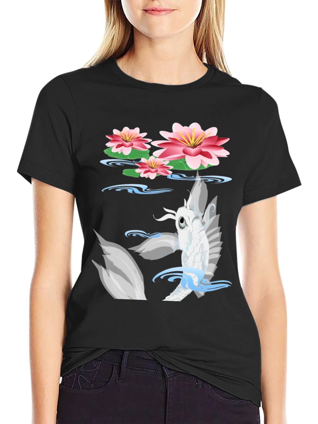 Koi Fish Lotus Pond Graphic Tee - Black