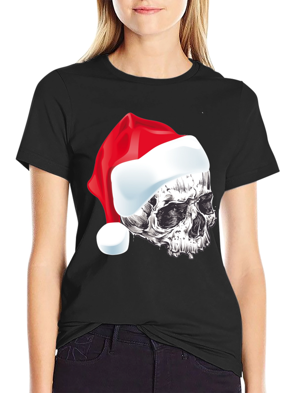 Skull Santa Hat Graphic Tee - Holiday Style