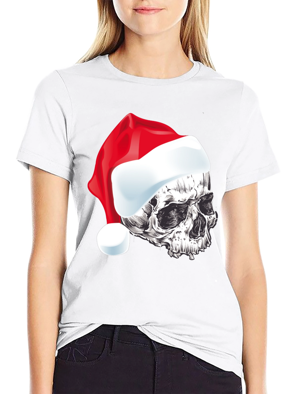 Skull Santa Hat Graphic Tee - Holiday Style