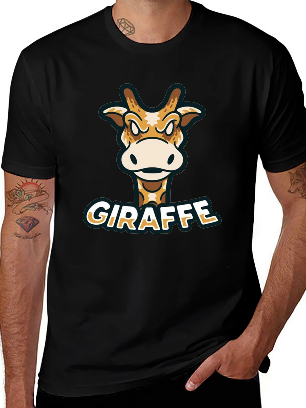 Giraffe Cartoon Graphic T-Shirt - Black