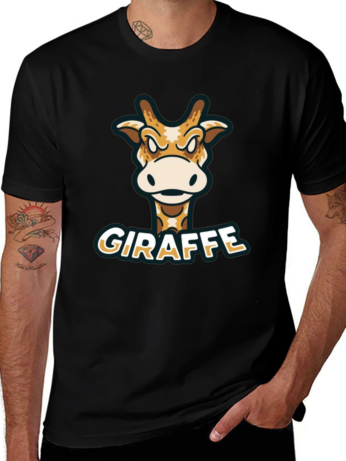 Giraffe Cartoon Graphic T-Shirt - Black