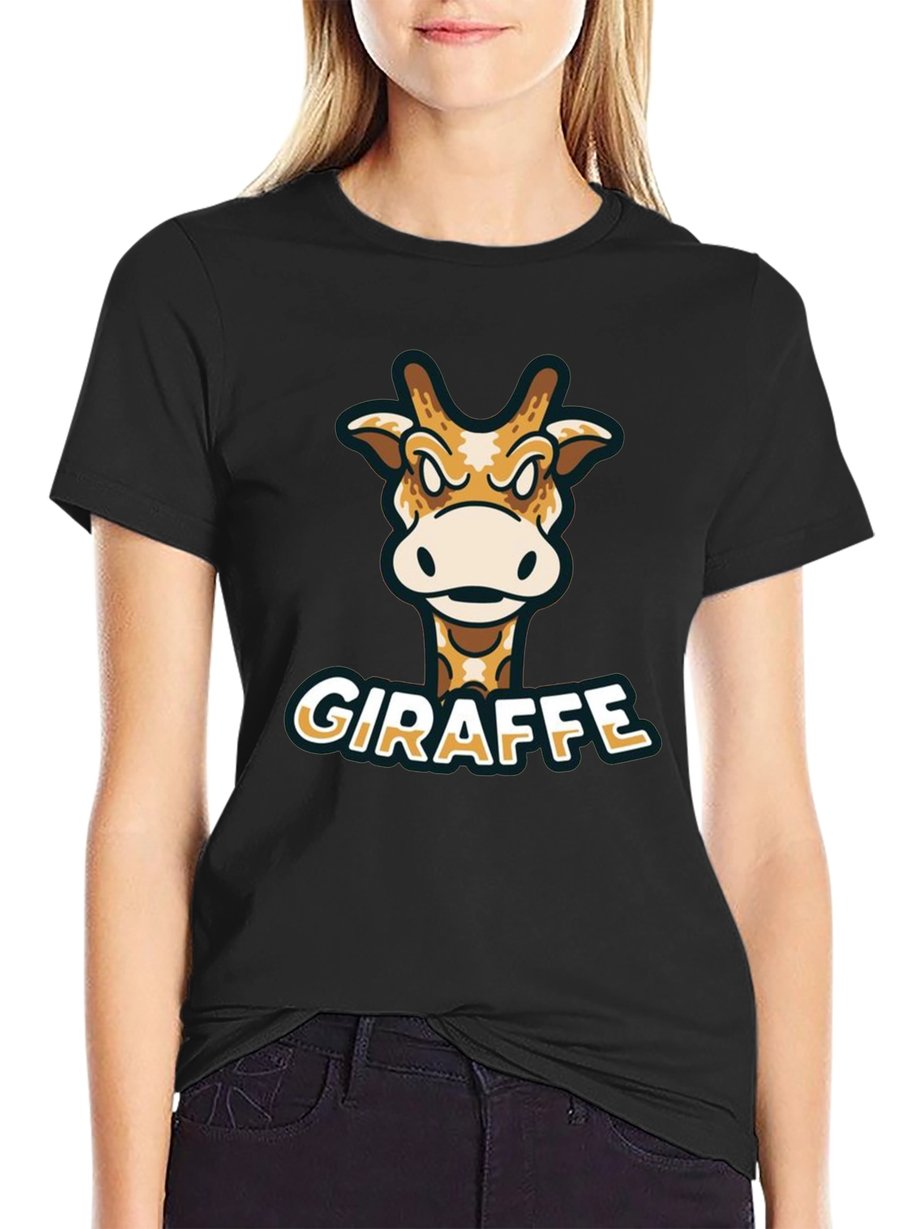 Giraffe Cartoon Graphic T-Shirt - Black